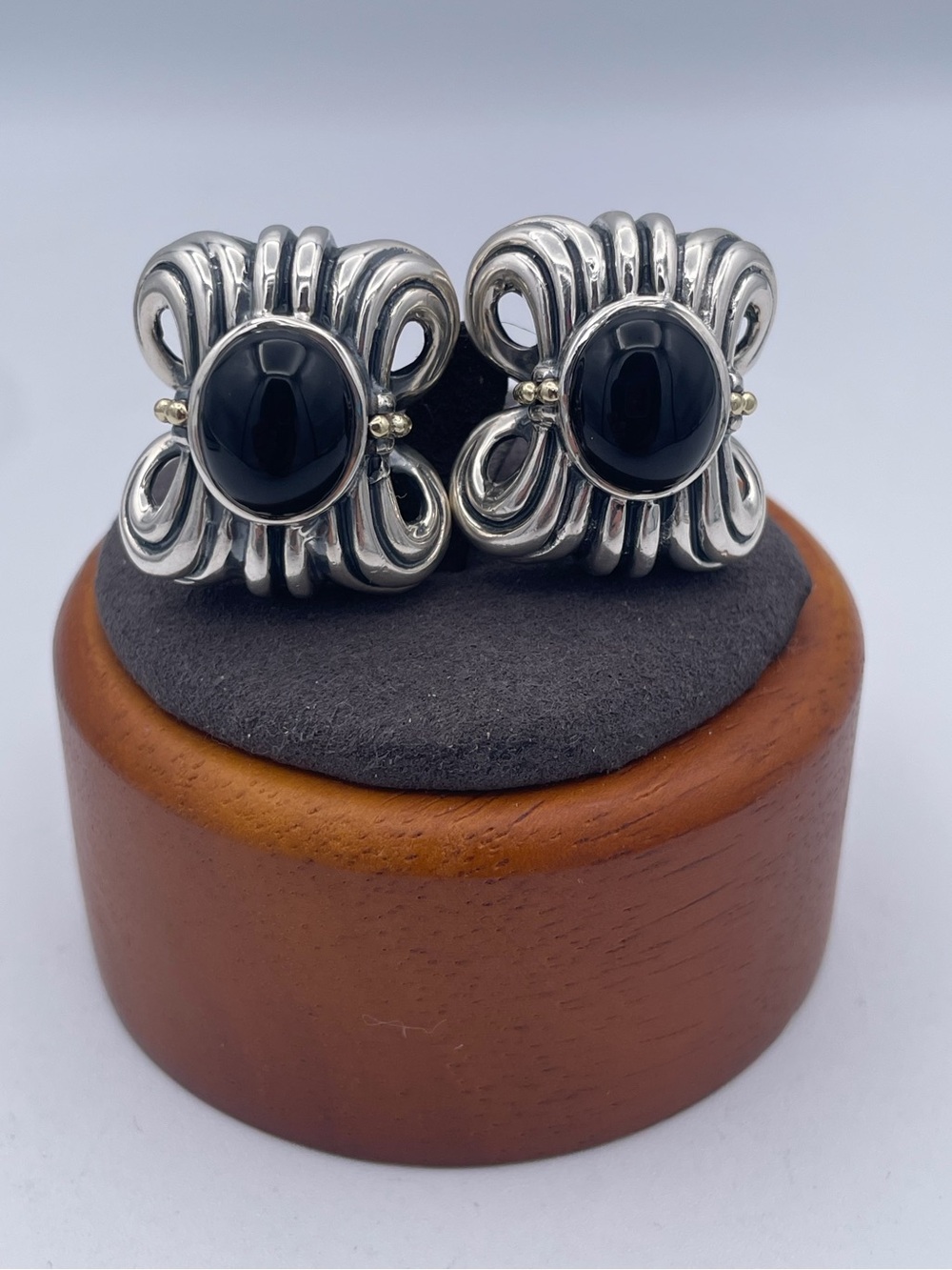 Lagos Caviar 925 Sterling Silver & 18K Gold Onyx Omega Back Stud Earrings Heavy